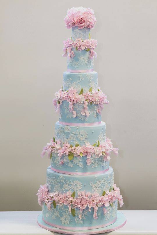 Blue Wedding Cake with Pink Flowers