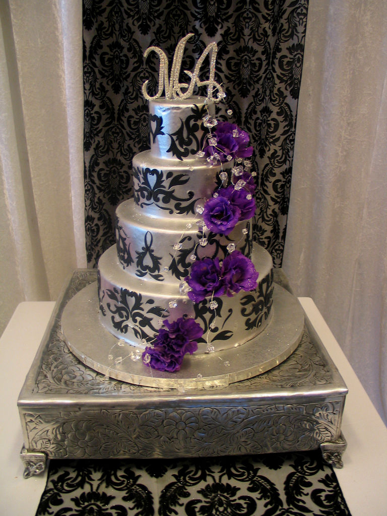 8 Dark Purple And Silver 3 Tier Wedding Cakes Photo Black Purple