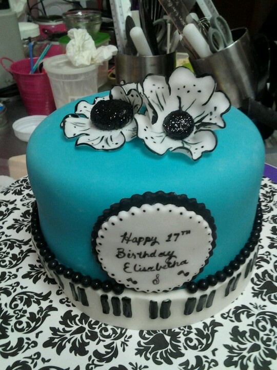 Teal Black and White Birthday Cake