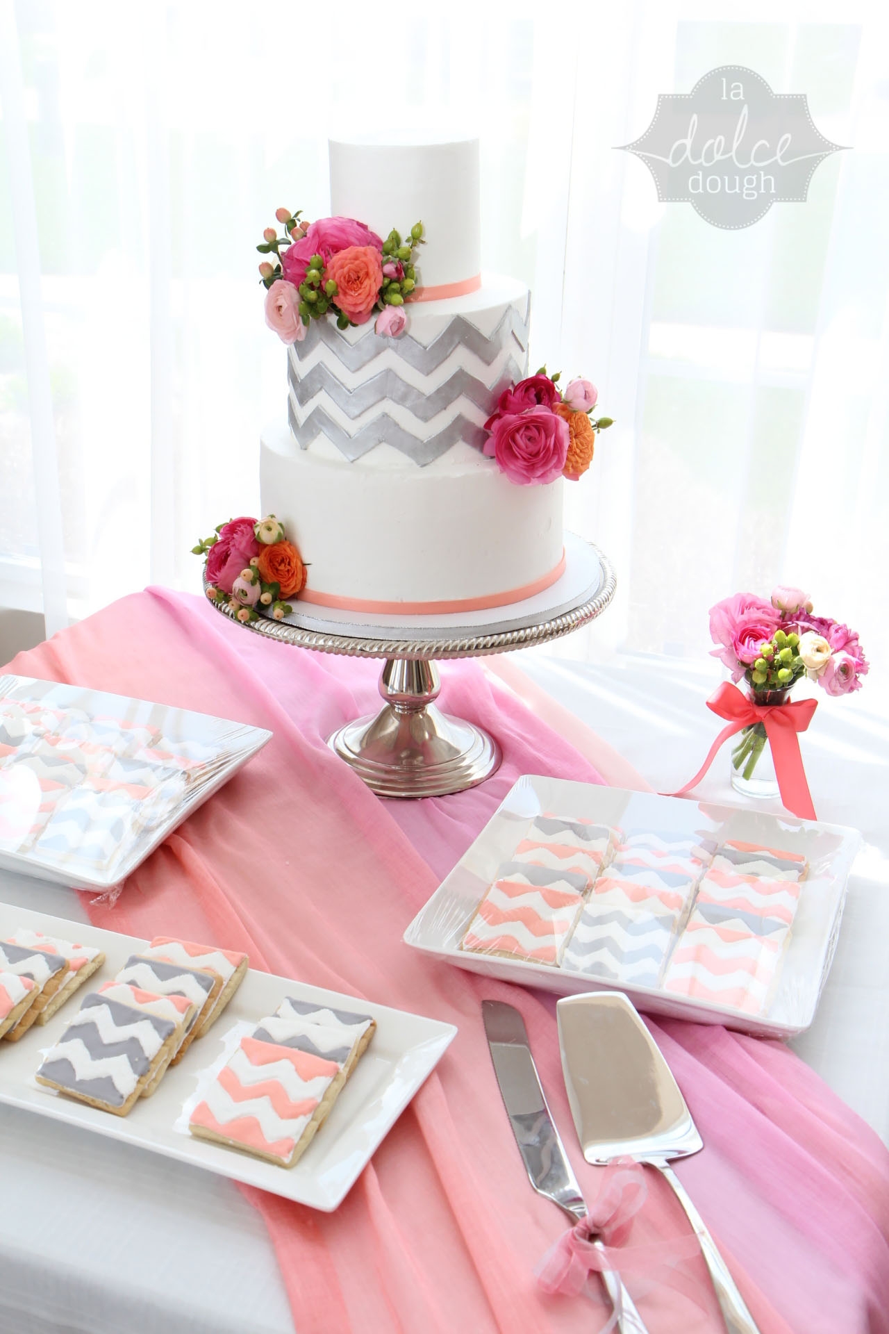 Silver and Coral Bridal Shower Cakes Silver and Coral Bridal Shower Cakes