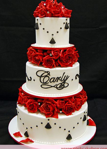 Red and White Wedding Cake with Roses Red and White Wedding Cake with Roses