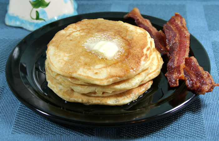 Pancakes and Bacon Breakfast with Fruit Pancakes and Bacon Breakfast with Fruit