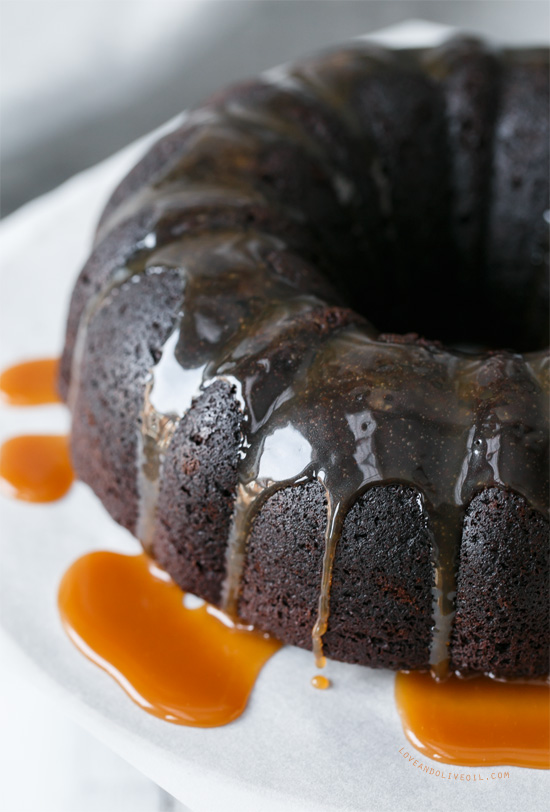 Chocolate Whiskey Bundt Cake with Caramel