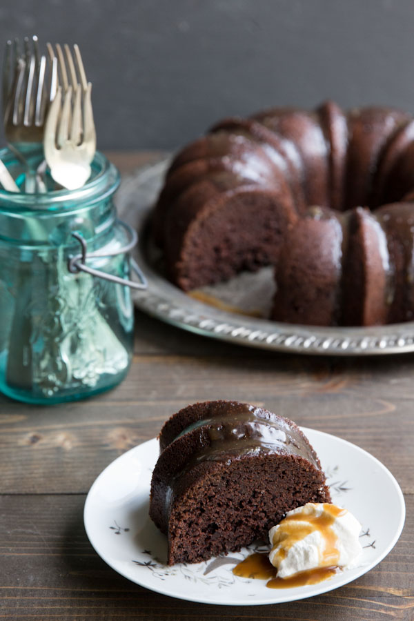 Chocolate Whiskey Bundt Cake with Caramel