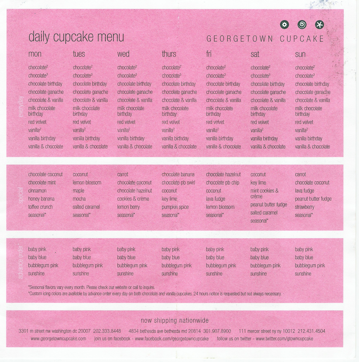 Georgetown Cupcake Menu