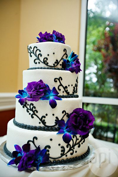 Purple Blue and White Wedding Cake