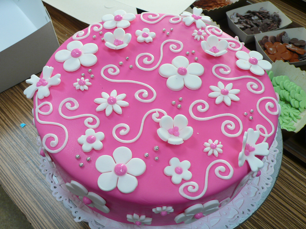 Pink Birthday Cake with White Flowers Pink Birthday Cake with White Flowers