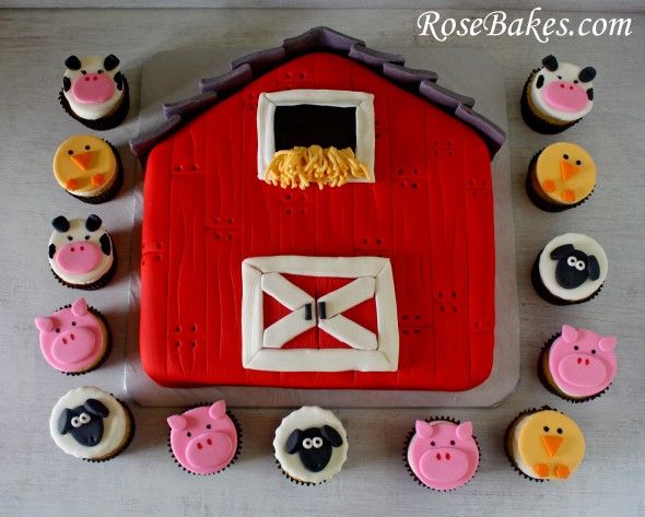 Animal Farm Barn Cake with Cupcakes Animal Farm Barn Cake with Cupcakes