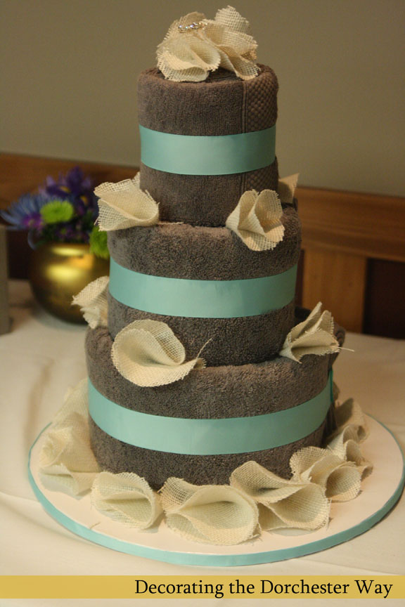 Wedding Shower Towel Cake with Burlap Wedding Shower Towel Cake with Burlap
