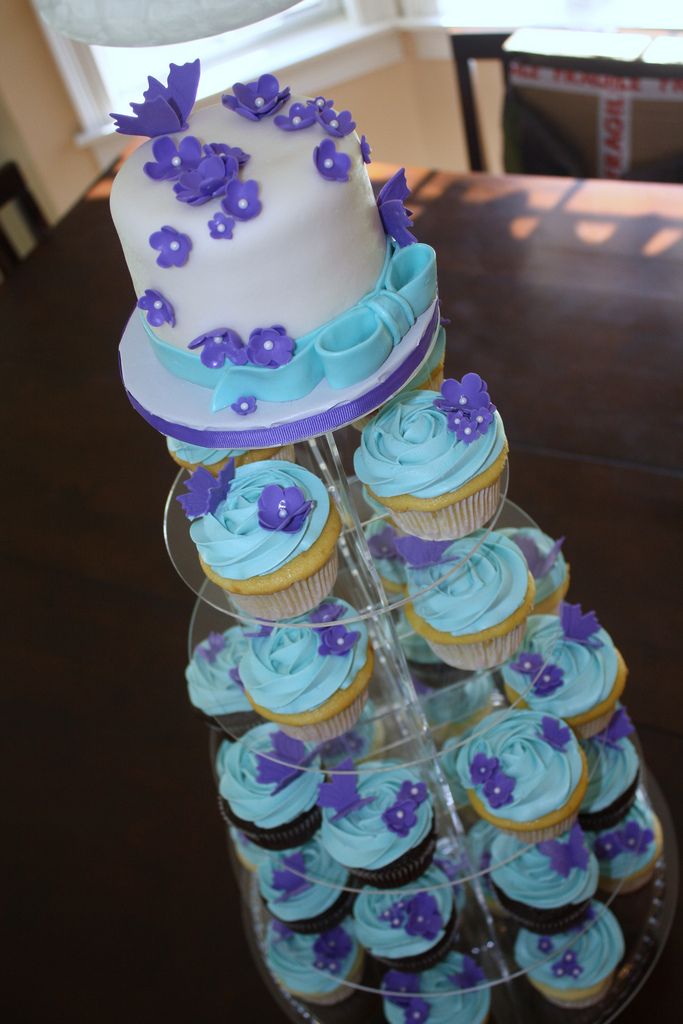 Purple and Teal Cupcake Wedding Cake Purple and Teal Cupcake Wedding Cake