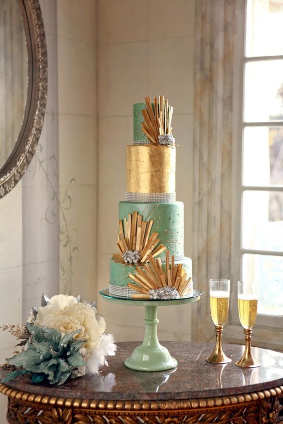 Green and Gold Art Deco Wedding Cake