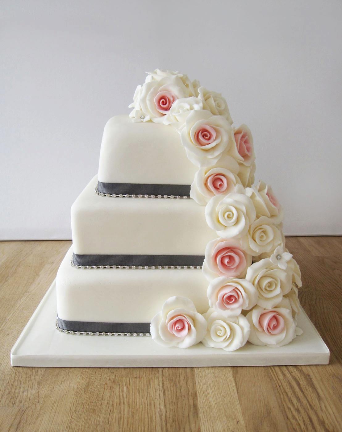 Square Wedding Cake with Cascading Roses Square Wedding Cake with Cascading Roses
