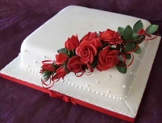 Square Wedding Cake with Red Roses Square Wedding Cake with Red Roses