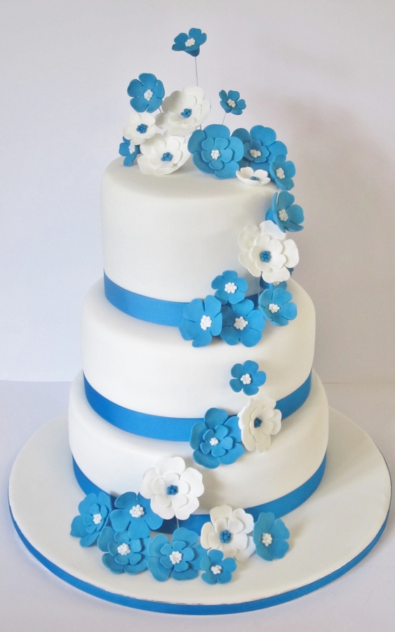Blue and White Three Tier Wedding Cake