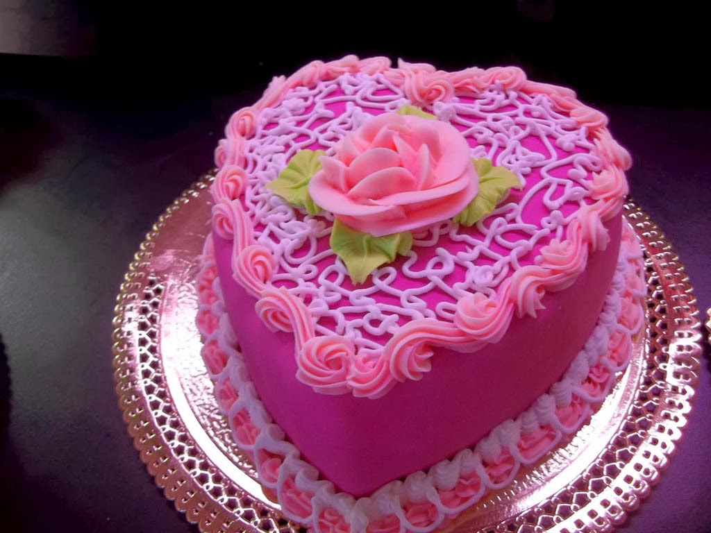 Pink Roses with Heart Shaped Cake