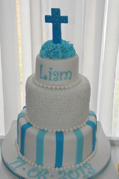 Boys Christening Cake Blue and White Boys Christening Cake Blue and White