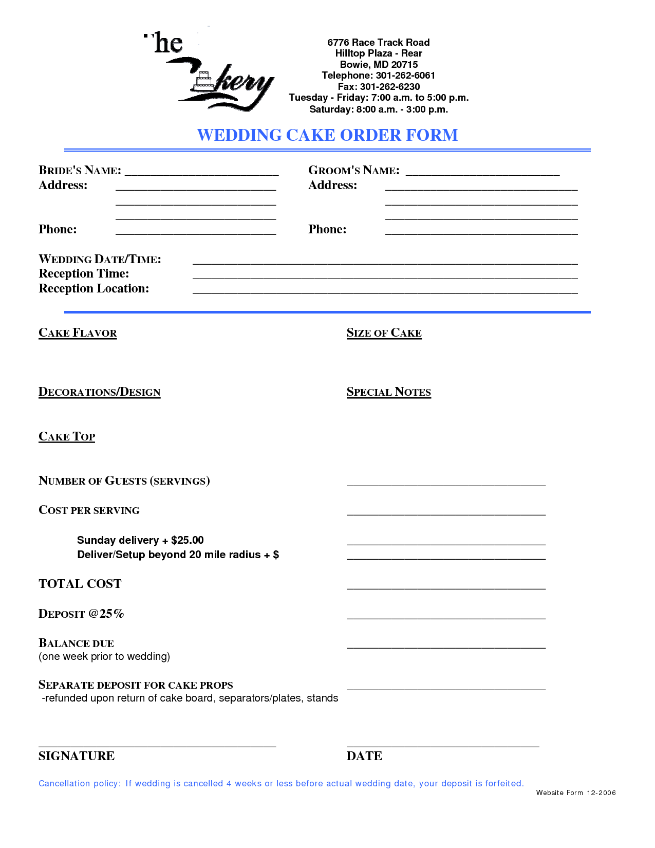 Cake Order Form Template