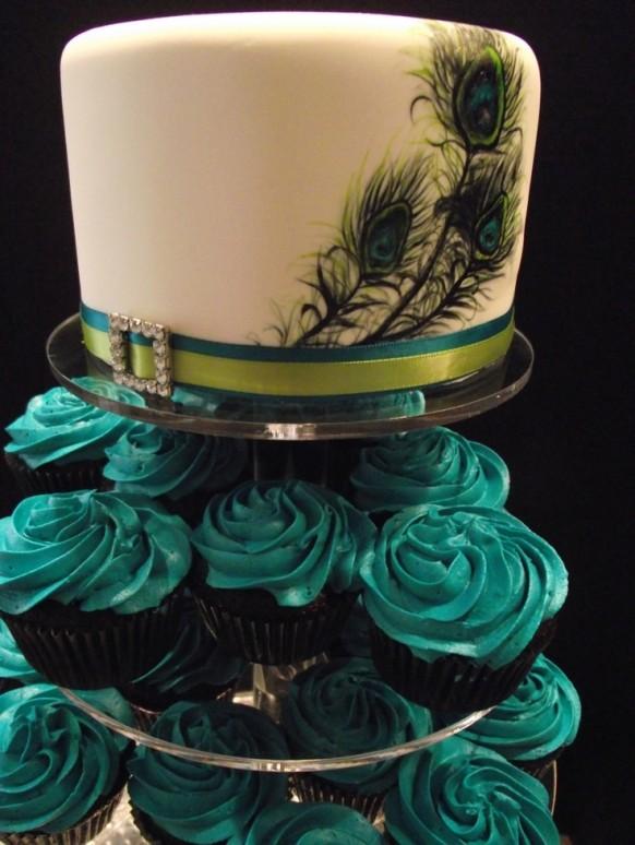 Peacock Wedding Cake and Cupcakes Peacock Wedding Cake and Cupcakes