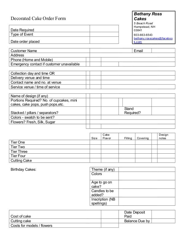 Printable Cake Order Forms