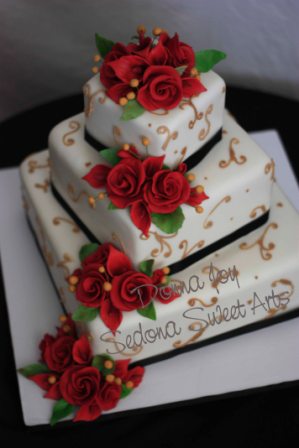 Square Wedding Cake with Red Roses Square Wedding Cake with Red Roses