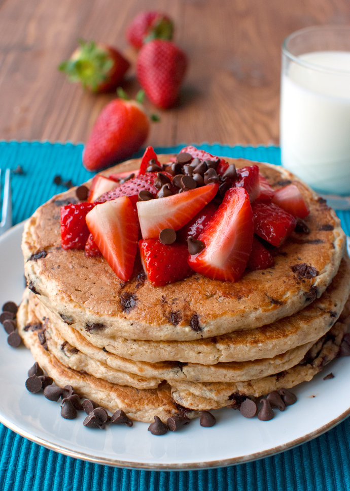 Chocolate Chip Pancakes with Strawberries Chocolate Chip Pancakes with Strawberries