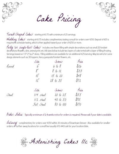 Sheet Cake Price List