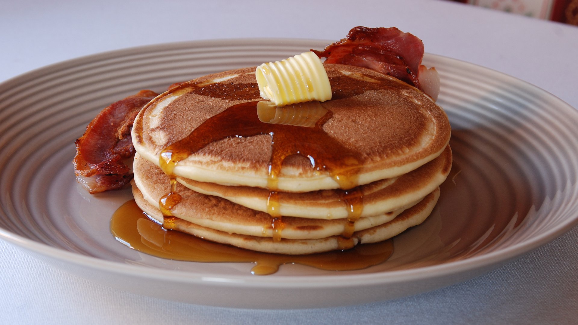 Eggs Bacon and Pancakes with Syrup Eggs Bacon and Pancakes with Syrup