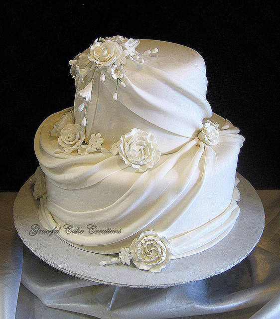 White Wedding Cake with Fondant Flowers White Wedding Cake with Fondant Flowers