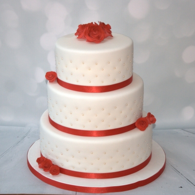 Three Tier Wedding Cake with Red Roses Three Tier Wedding Cake with Red Roses