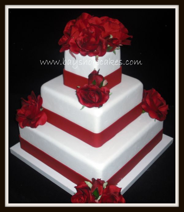 Three Tier Square Wedding Cake with Red Roses Three Tier Square Wedding Cake with Red Roses