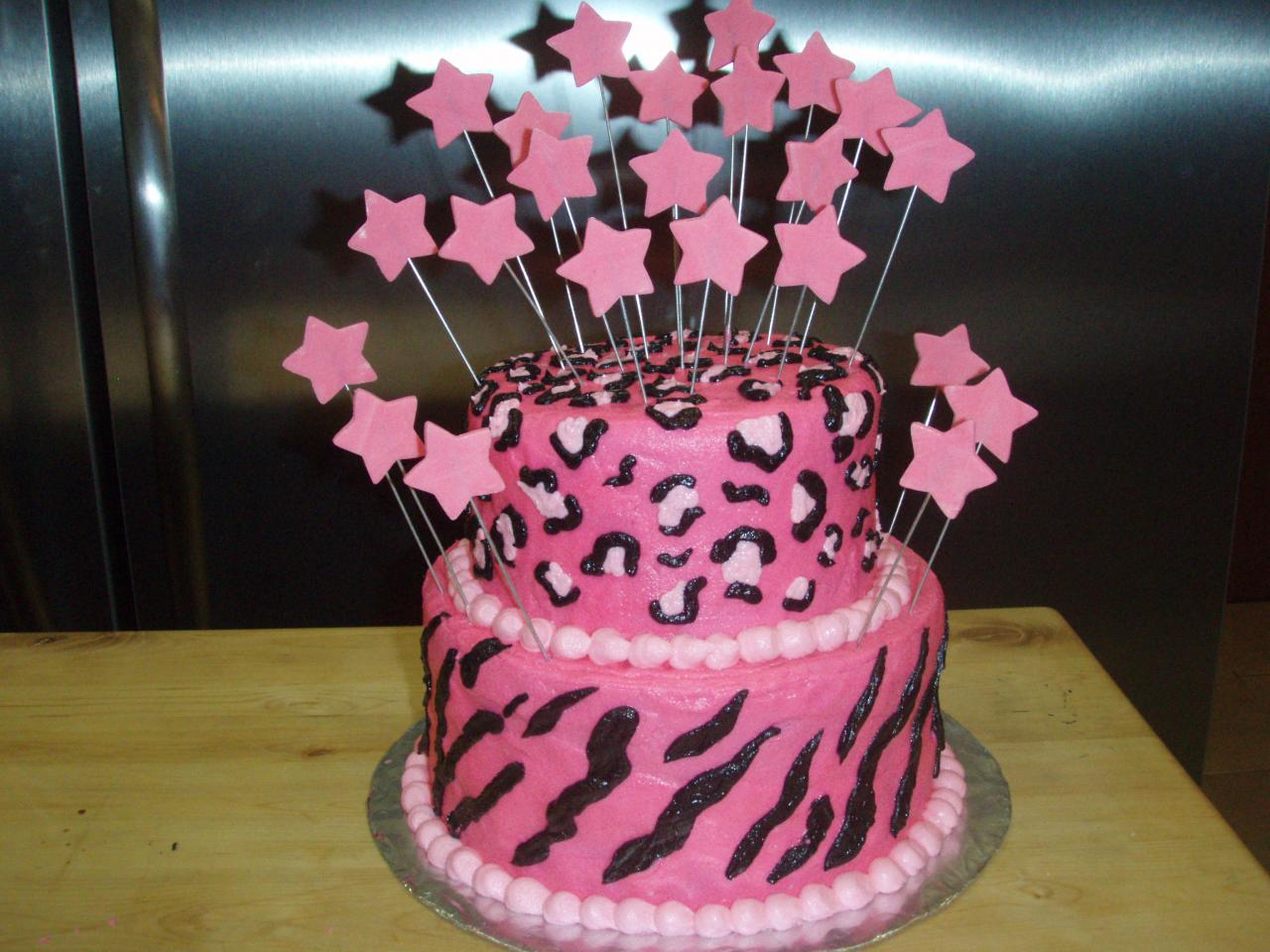 Pink and Cheetah Print Birthday Cake