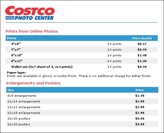 Costco Print Sizes Prices
