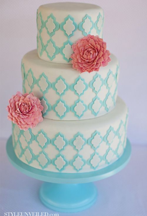 Pink and Blue Wedding Cake with Flowers Pink and Blue Wedding Cake with Flowers