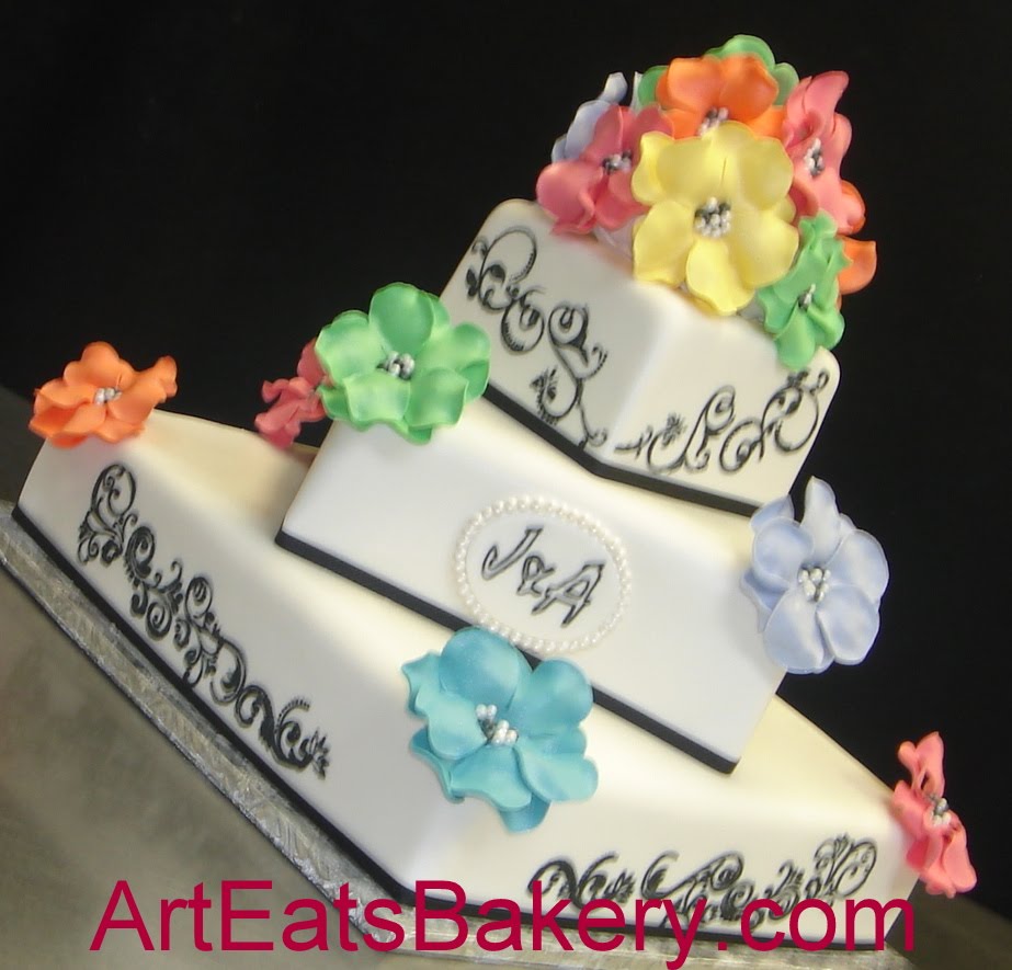 Black and White Wedding Cake with Flowers