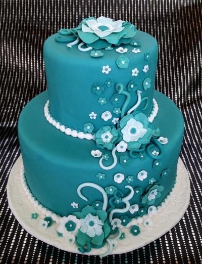 Teal Wedding Cake with Flowers Teal Wedding Cake with Flowers