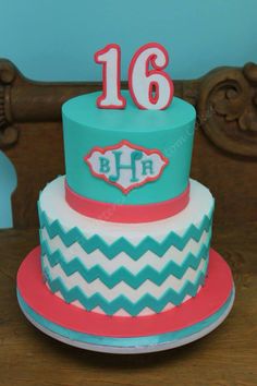 Coral and Teal Chevron Birthday Cake Coral and Teal Chevron Birthday Cake