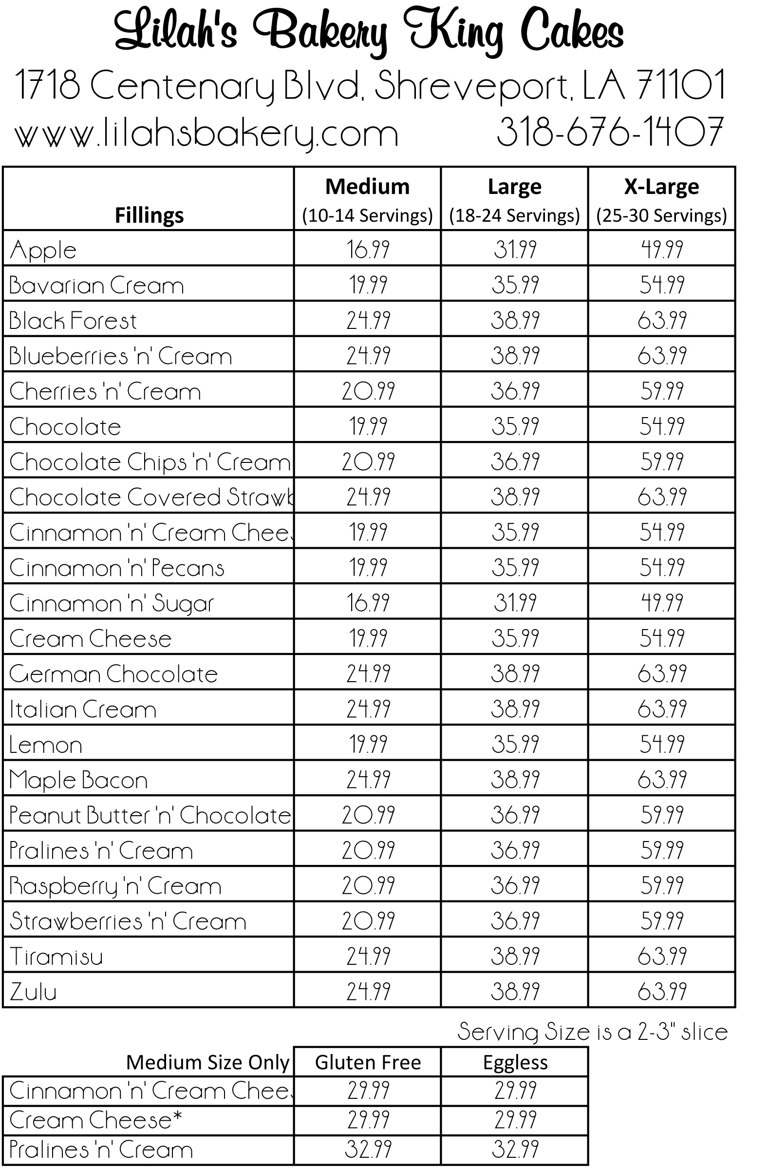 Bakery Cake Prices List