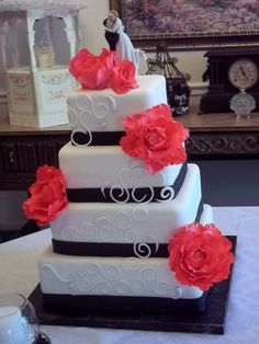 Black and Coral Wedding Cake