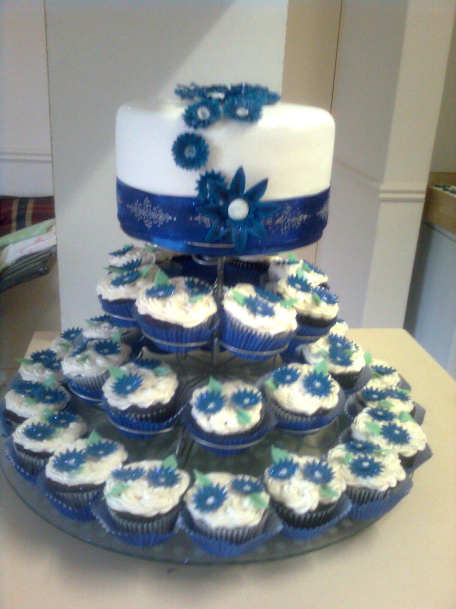 Blue Wedding Cake and Cupcakes