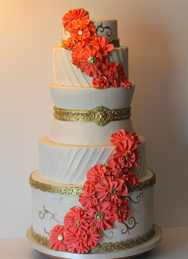 Gold and Coral Wedding Cake