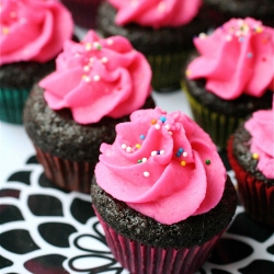 Mini Pink Cupcakes with Chocolate Frosting