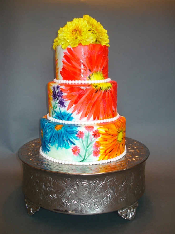 Painted Flowers On Fondant Cake Painted Flowers On Fondant Cake