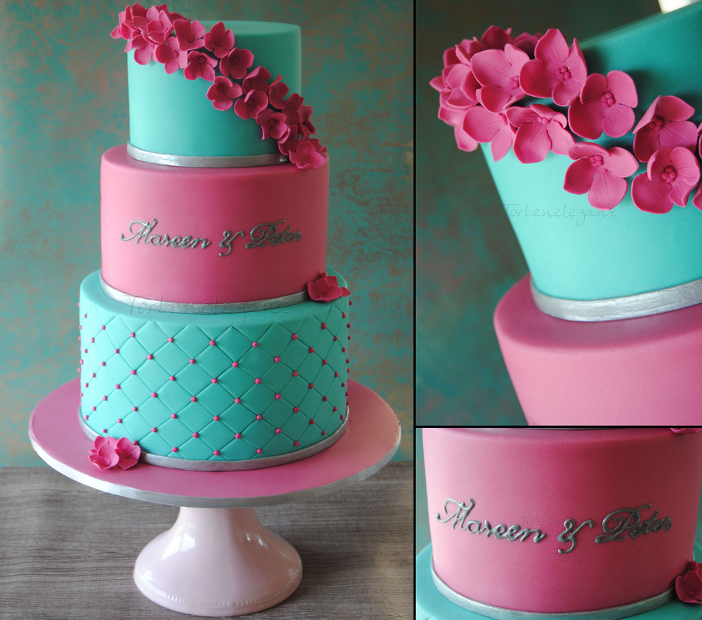 Pink White and Turquoise Wedding Cake Pink White and Turquoise Wedding Cake