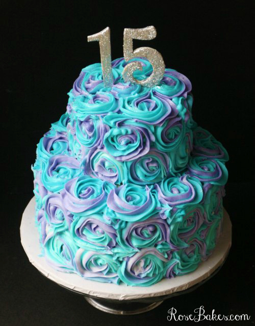 Teal and Purple Roses Birthday Cake