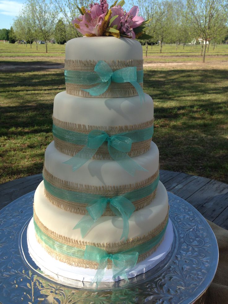 Wedding Cake with Burlap Ribbon
