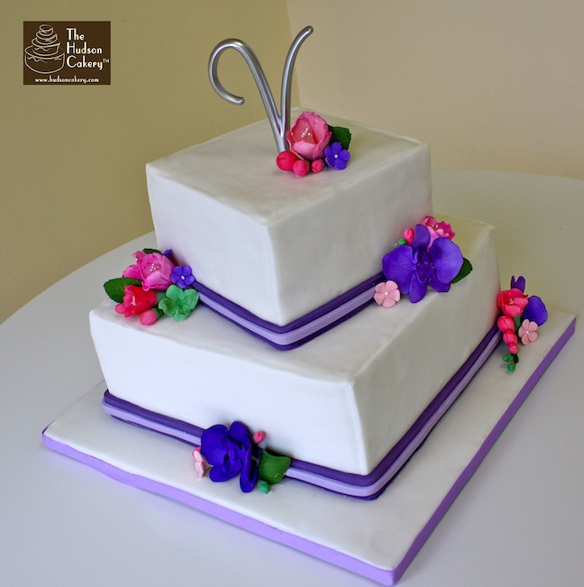 Wedding Cake with Purple Flowers