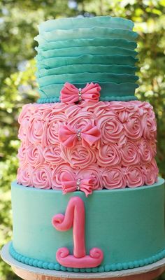 Teal and Pink Birthday Cake