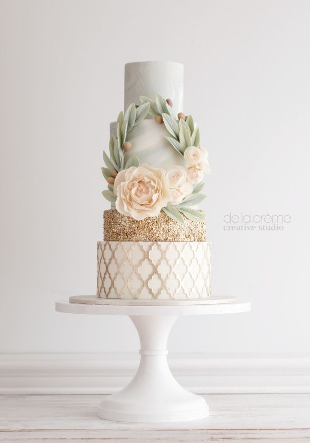 Peach Green and Gold Wedding Cake