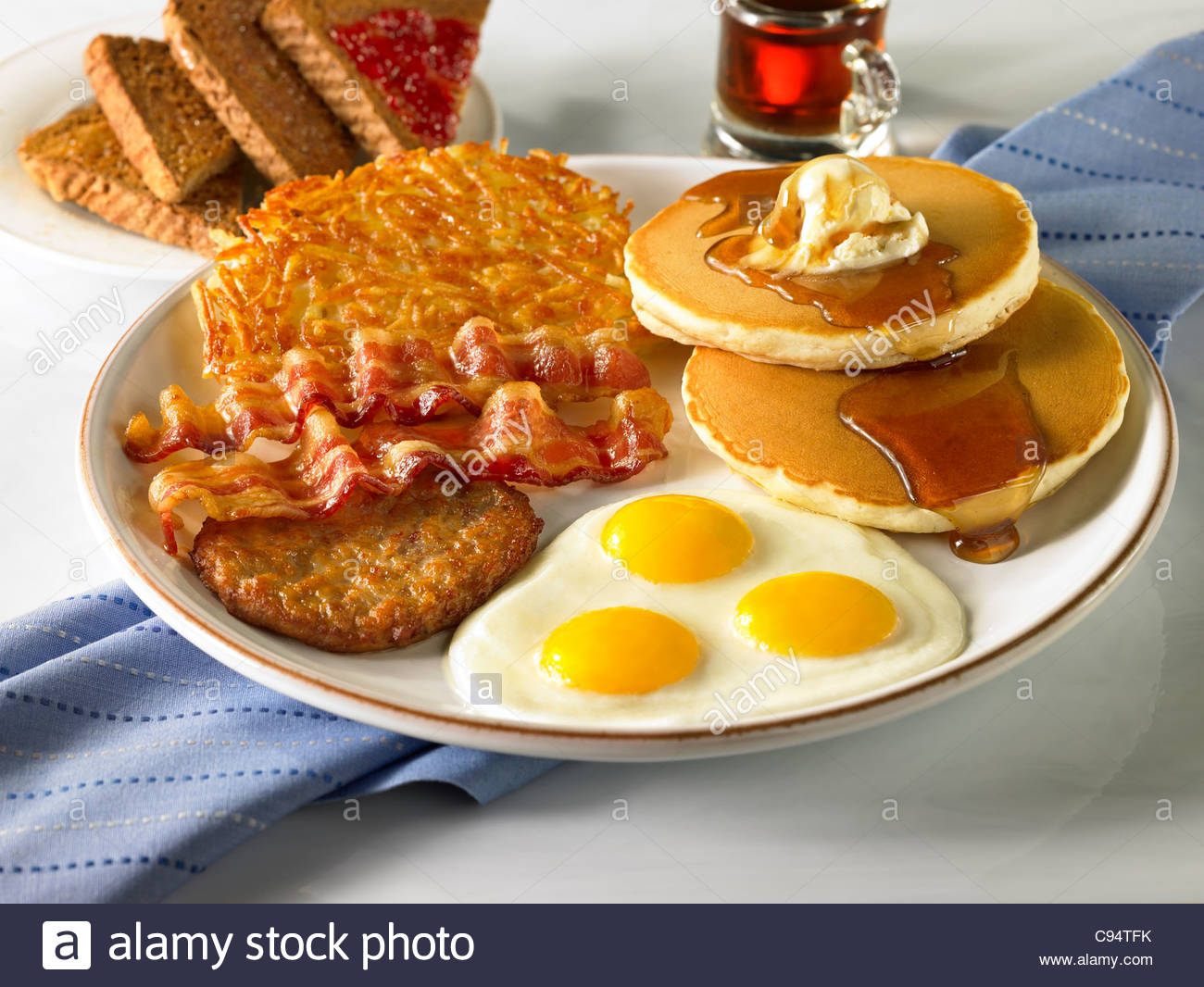 Bacon Eggs Pancakes and Sausage
