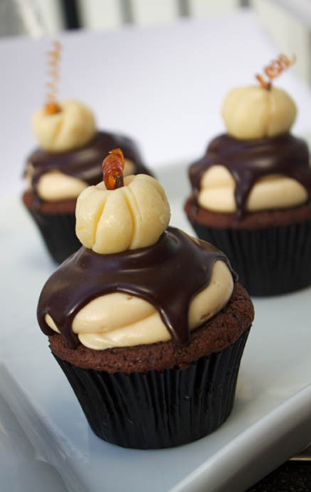 Chocolate Pumpkin Cupcakes with Salted Caramel Frosting